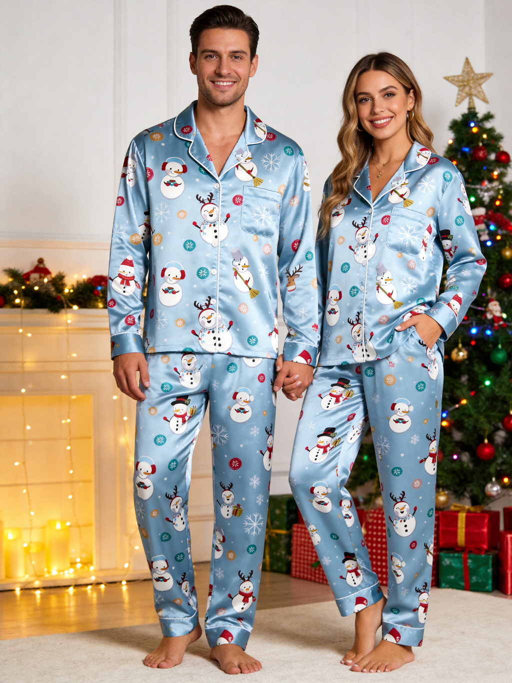 Merry Snowman & Reindeer Holiday Print Couple Couple Satin Pajama Set Cozy Sleepwear
