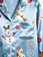 Merry Snowman & Reindeer Holiday Print Couple Couple Satin Pajama Set Cozy Sleepwear