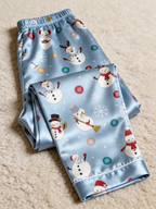 Merry Snowman & Reindeer Holiday Print Couple Couple Satin Pajama Set Cozy Sleepwear
