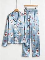 Merry Snowman & Reindeer Holiday Print Couple Couple Satin Pajama Set Cozy Sleepwear