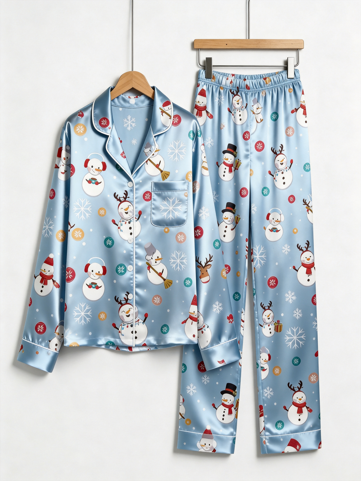 Merry Snowman & Reindeer Holiday Print Couple Couple Satin Pajama Set Cozy Sleepwear