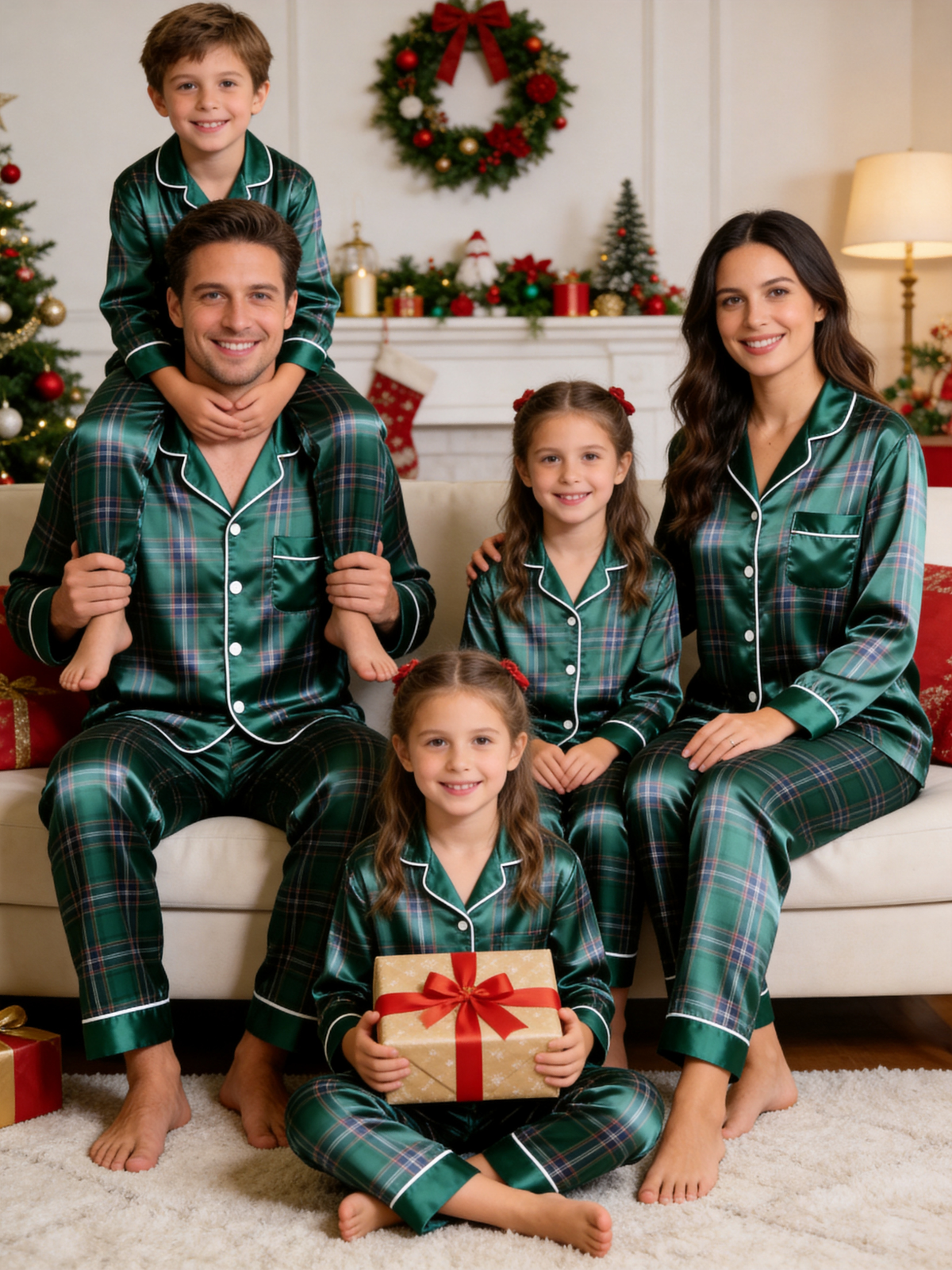 Classic Emerald Green Tartan Plaid Matching Couple Couple Satin Pajama Set Holiday Sleepwear