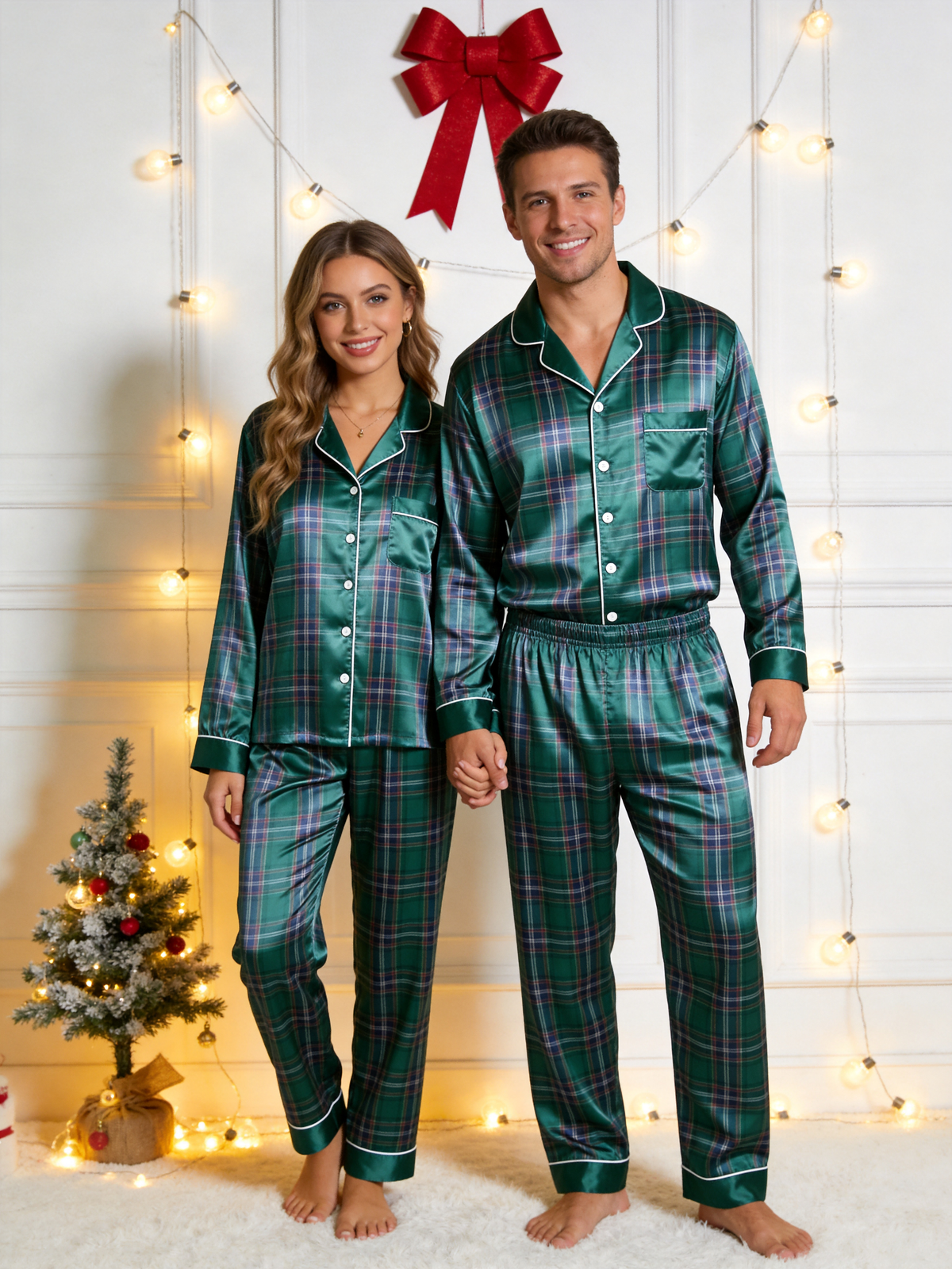Classic Emerald Green Tartan Plaid Matching Family Family Satin Pajama Set Holiday Sleepwear