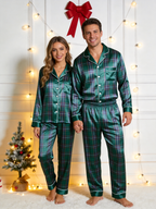 Classic Emerald Green Tartan Plaid Matching Couple Couple Satin Pajama Set Holiday Sleepwear