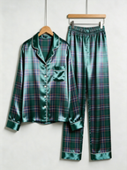 Classic Emerald Green Tartan Plaid Matching Couple Couple Satin Pajama Set Holiday Sleepwear