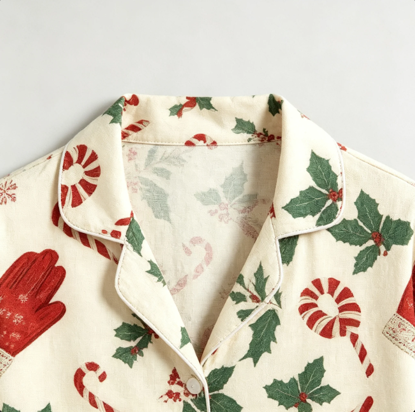 Christmas Mittens & Candy Cane Print Matching Family Pajama Set, Button-Down Cotton Loungewear
