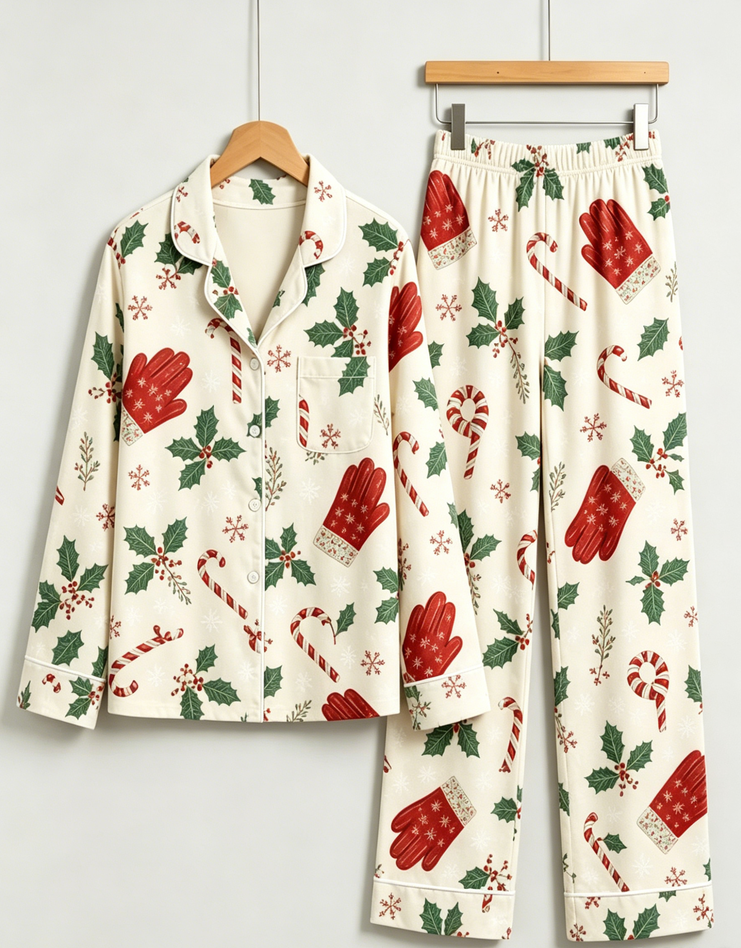 Christmas Mittens & Candy Cane Print Matching Family Pajama Set, Button-Down Cotton Loungewear