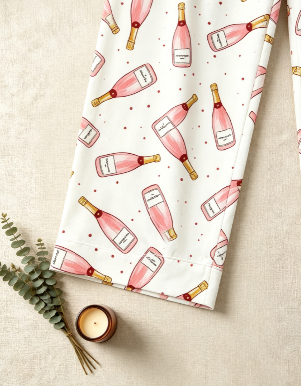 Christmas Rosé Bottle Print Matching Family Pajama Set, Button-Down Cotton Loungewear