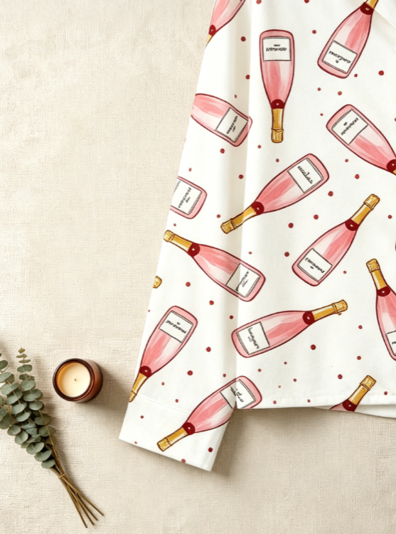 Christmas Rosé Bottle Print Matching Family Pajama Set, Button-Down Cotton Loungewear