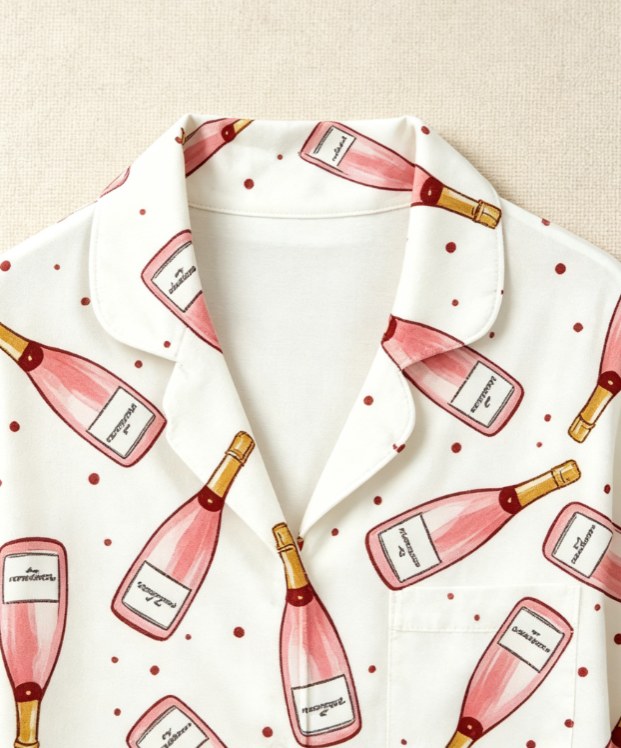 Christmas Rosé Bottle Print Matching Family Pajama Set, Button-Down Cotton Loungewear