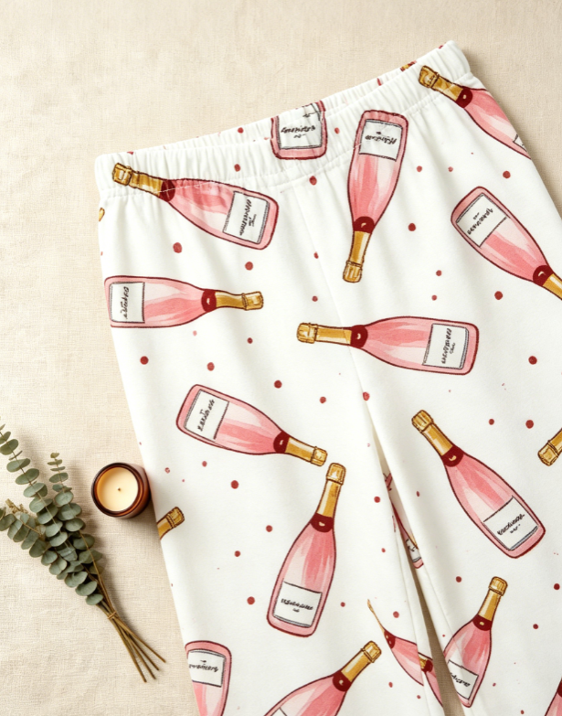 Christmas Rosé Bottle Print Matching Family Pajama Set, Button-Down Cotton Loungewear