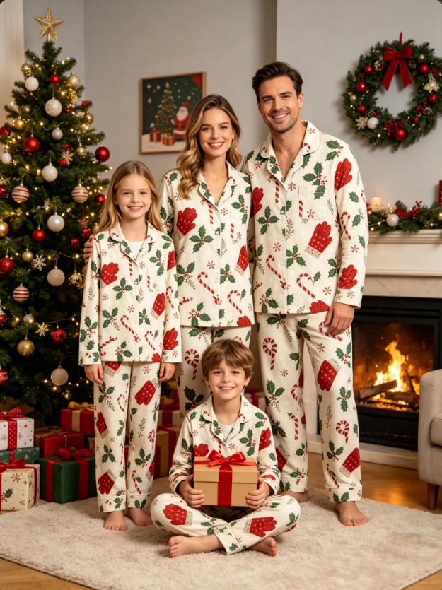 Christmas Mittens & Candy Cane Print Matching Family Pajama Set, Button-Down Cotton Loungewear