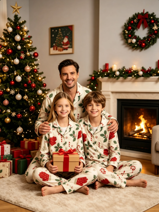 Christmas Mittens & Candy Cane Print Matching Family Pajama Set, Button-Down Cotton Loungewear