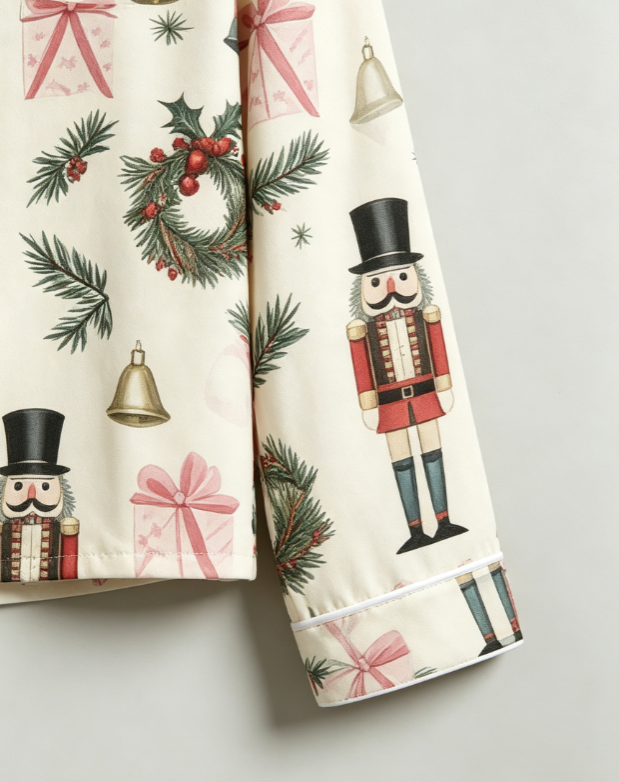 Christmas Nutcracker & Wreath Print Matching Family Pajama Set, Button-Down Cotton Loungewear