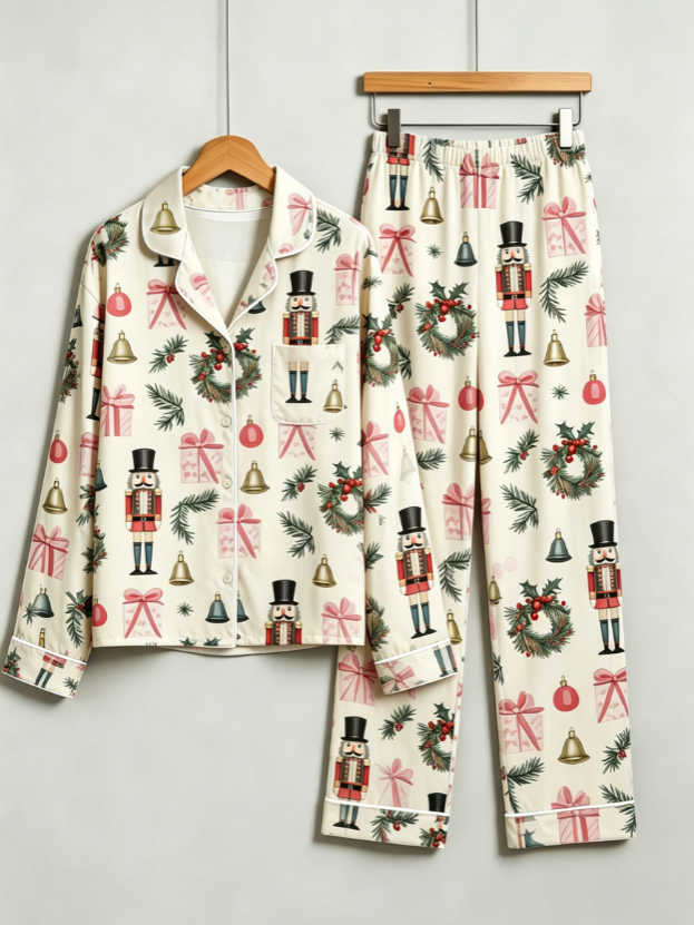 Christmas Nutcracker & Wreath Print Matching Family Pajama Set, Button-Down Cotton Loungewear