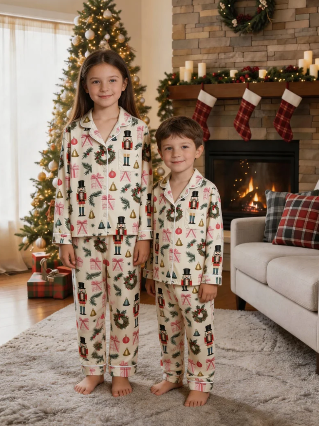 Christmas Nutcracker & Wreath Print Matching Family Pajama Set, Button-Down Cotton Loungewear