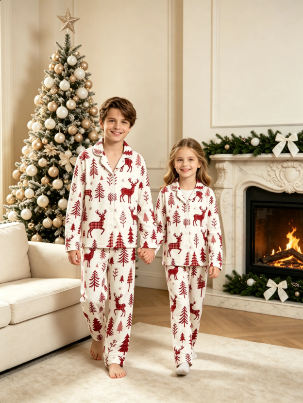 Rustic Plaid Reindeer & Woodland Pine Matching Family Pajama Set, Button-Down Cotton Loungewear