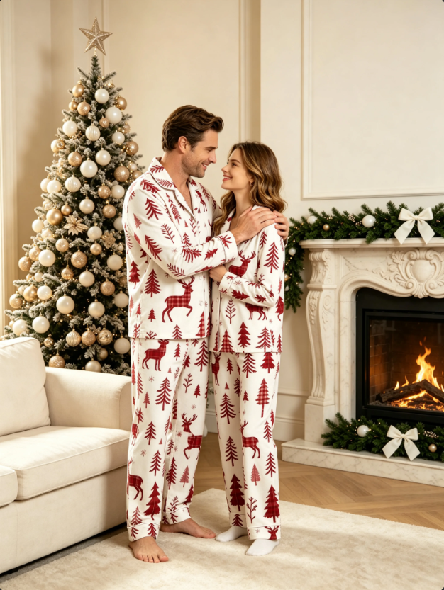 Rustic Plaid Reindeer & Woodland Pine Matching Family Pajama Set, Button-Down Cotton Loungewear
