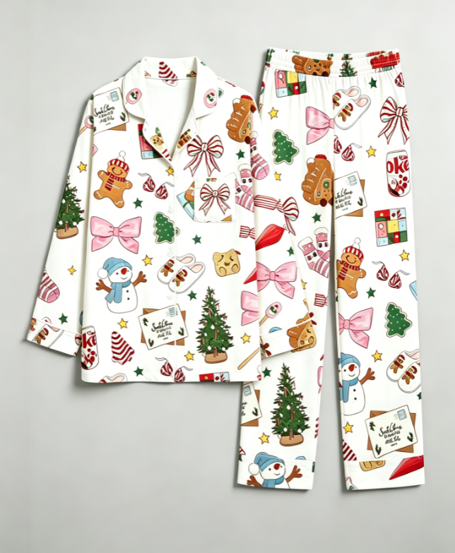 Whimsical Holiday Icon & Festive Treat Matching Family Pajama Set, Button-Down Cotton Loungewear