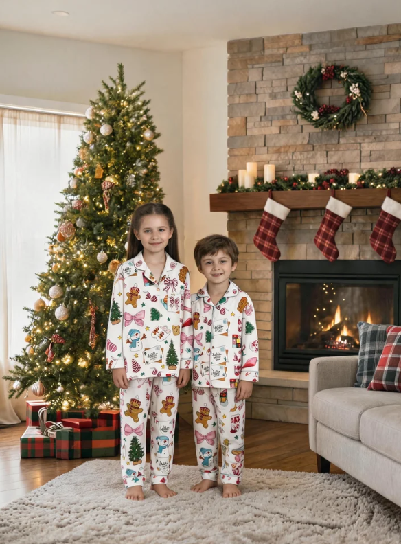 Whimsical Holiday Icon & Festive Treat Matching Family Pajama Set, Button-Down Cotton Loungewear