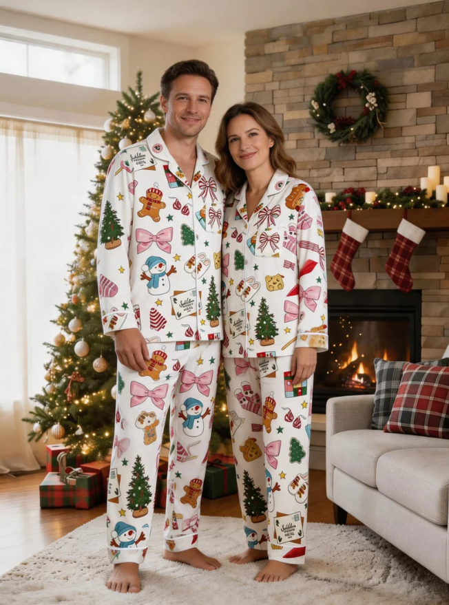Whimsical Holiday Icon & Festive Treat Matching Family Pajama Set, Button-Down Cotton Loungewear