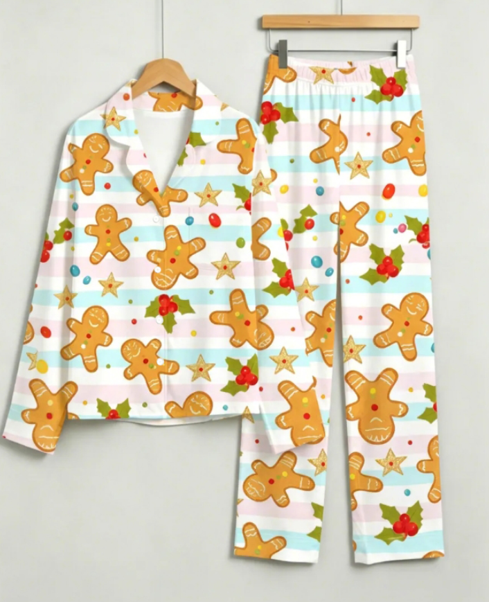 Festive Gingerbread Man & Candy Stripe Matching Family Pajama Set, Button-Down Cotton Loungewear
