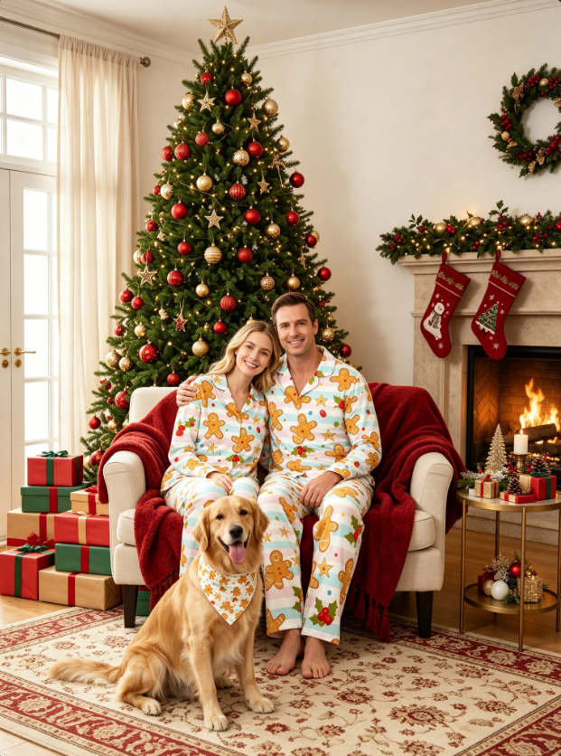 Festive Gingerbread Man & Candy Stripe Matching Family Pajama Set, Button-Down Cotton Loungewear
