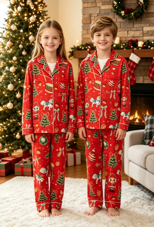 Festive Nutcracker & Holiday Toy Print Matching Family Pajama Set, Button-Down Cotton Loungewear