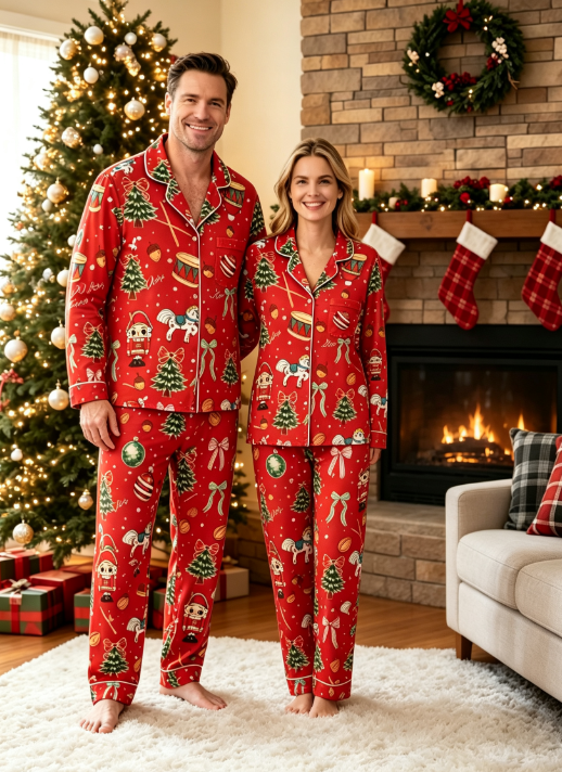Festive Nutcracker & Holiday Toy Print Matching Family Pajama Set, Button-Down Cotton Loungewear