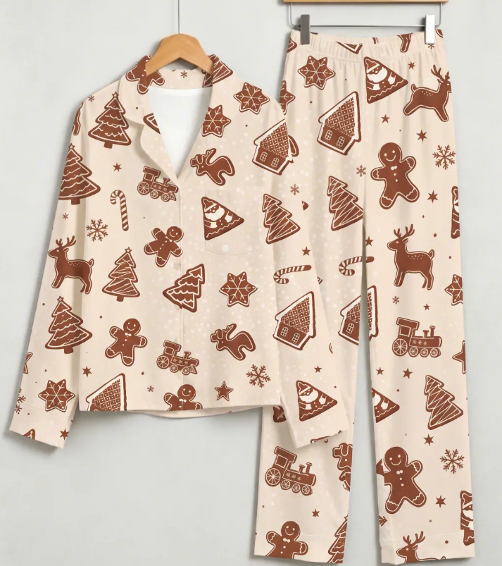 Gingerbread House & Festive Cookie Pattern Matching Family Pajama Set, Button-Down Cotton Loungewear