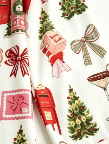 Festive Christmas Mail & Holiday Tree Print Matching Family Pajama Set, Button-Down Cotton Loungewear