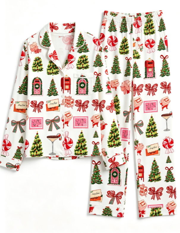 Festive Christmas Mail & Holiday Tree Print Matching Family Pajama Set, Button-Down Cotton Loungewear