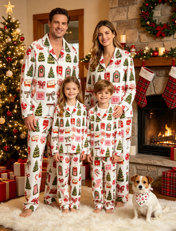 Festive Christmas Mail & Holiday Tree Print Matching Family Pajama Set, Button-Down Cotton Loungewear