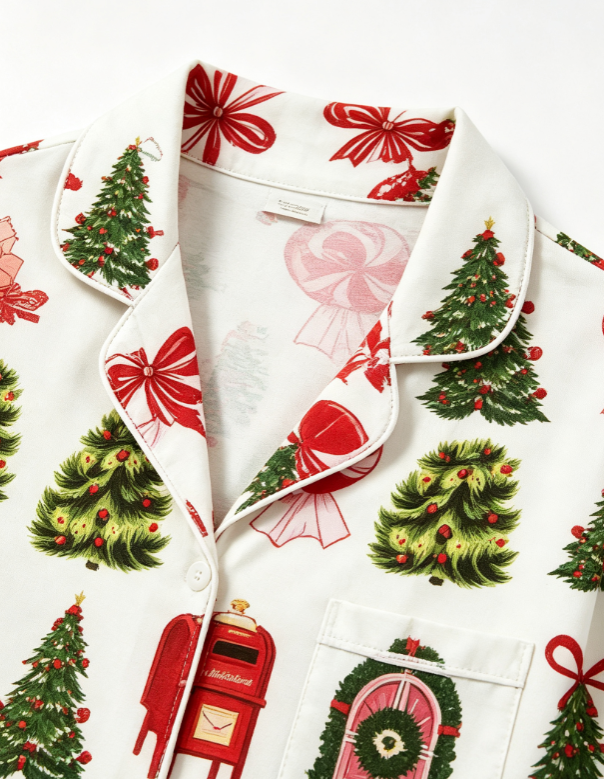Festive Christmas Mail & Holiday Tree Print Matching Family Pajama Set, Button-Down Cotton Loungewear