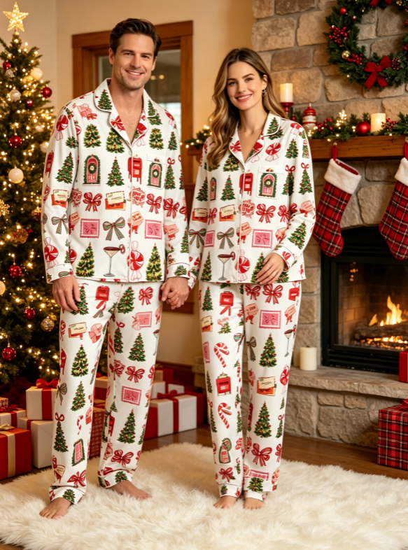 Festive Christmas Mail & Holiday Tree Print Matching Family Pajama Set, Button-Down Cotton Loungewear