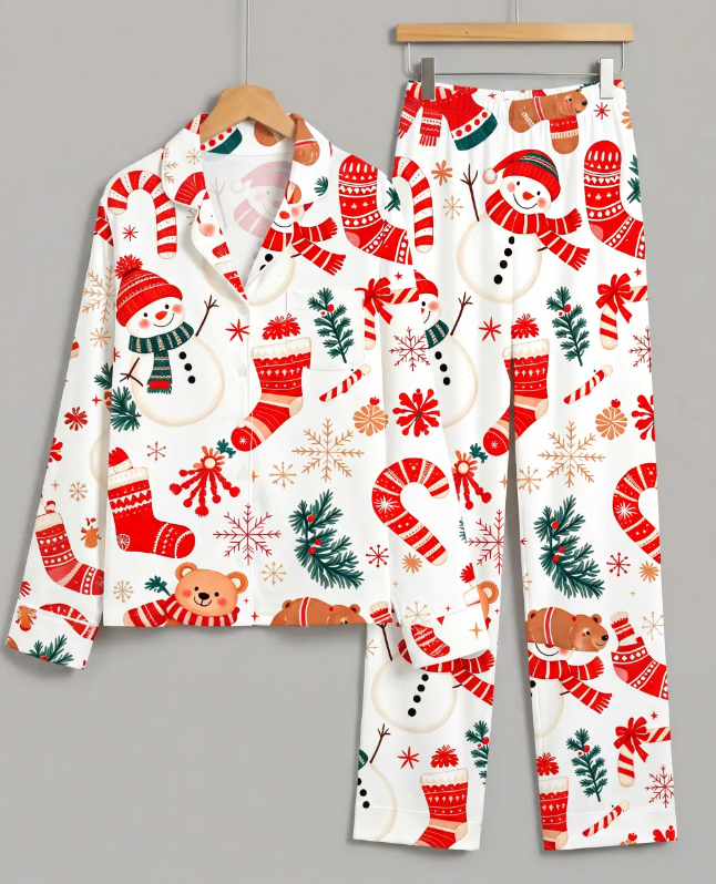 Snowman & Holiday Bear Print Matching Family Pajama Set, Button-Down Cotton Loungewear