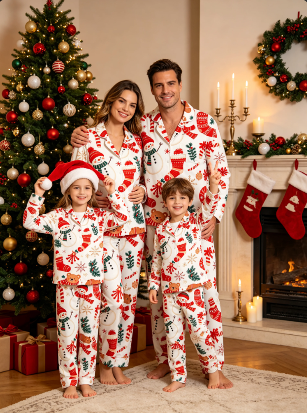 Snowman & Holiday Bear Print Matching Family Pajama Set, Button-Down Cotton Loungewear