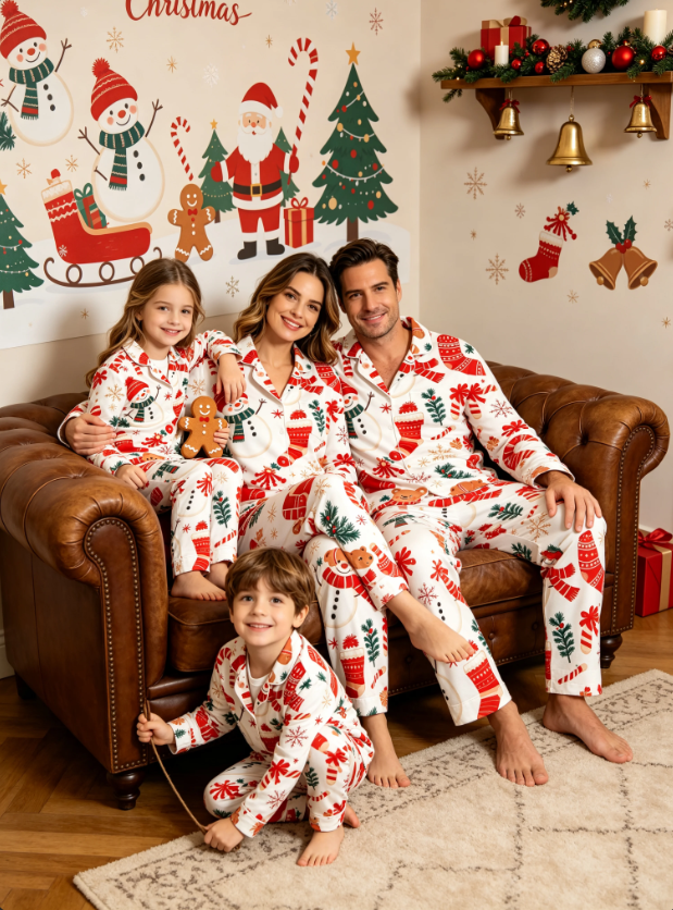 Snowman & Holiday Bear Print Matching Family Pajama Set, Button-Down Cotton Loungewear