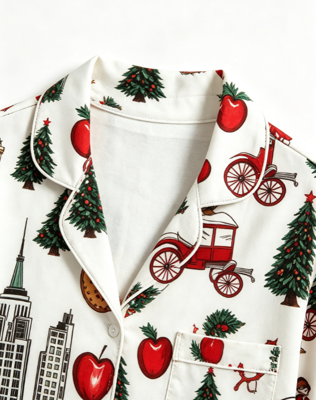 Festive Cityscape & Holiday Carriage Print Matching Family Pajama Set, Button-Down Cotton Loungewear