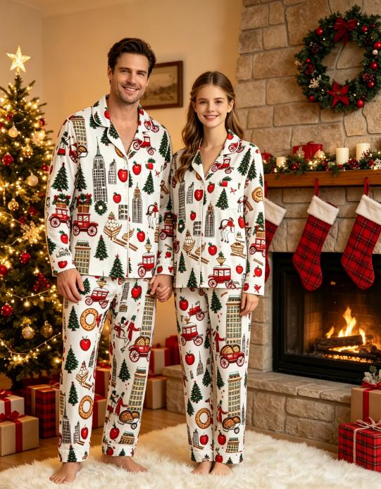 Festive Cityscape & Holiday Carriage Print Matching Family Pajama Set, Button-Down Cotton Loungewear