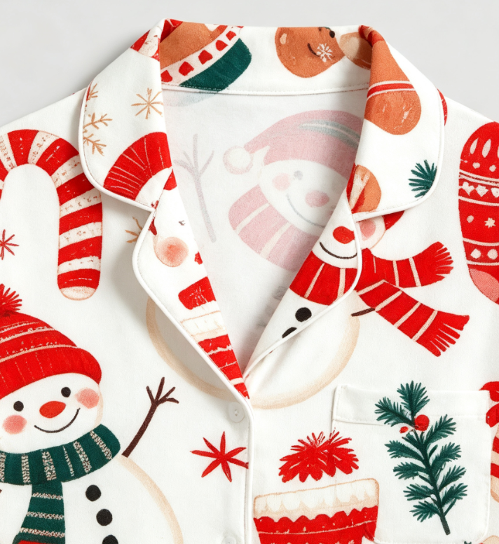 Snowman & Holiday Bear Print Matching Family Pajama Set, Button-Down Cotton Loungewear