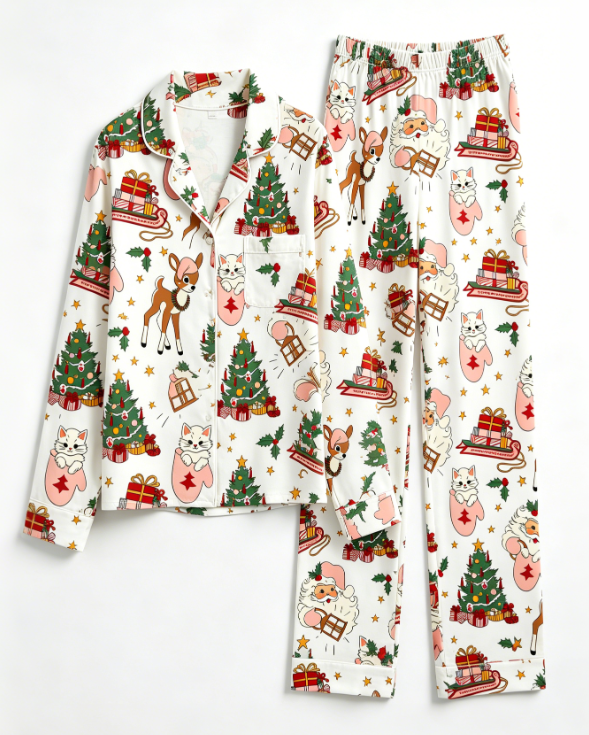 Charming Christmas Forest & Holiday Friend Matching Family Pajama Set, Button-Down Cotton Loungewear