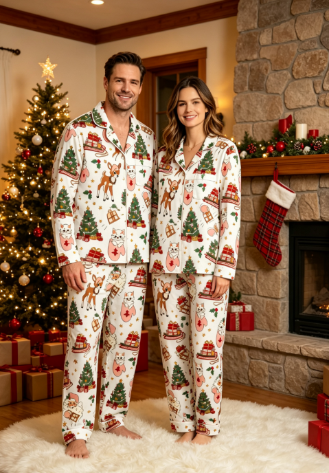 Charming Christmas Forest & Holiday Friend Matching Family Pajama Set, Button-Down Cotton Loungewear