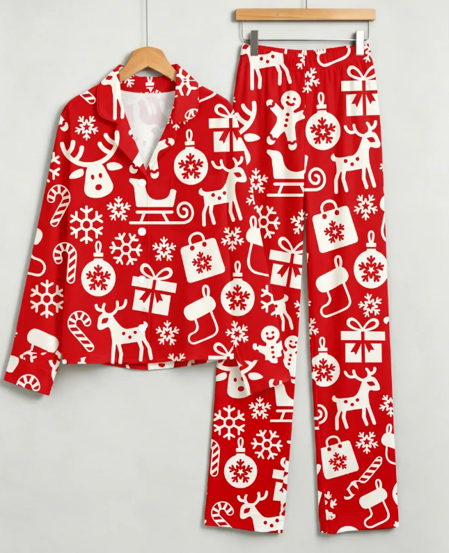 Holiday Reindeer & Festive Icon Print Matching Family Pajama Set, Button-Down Cotton Loungewear