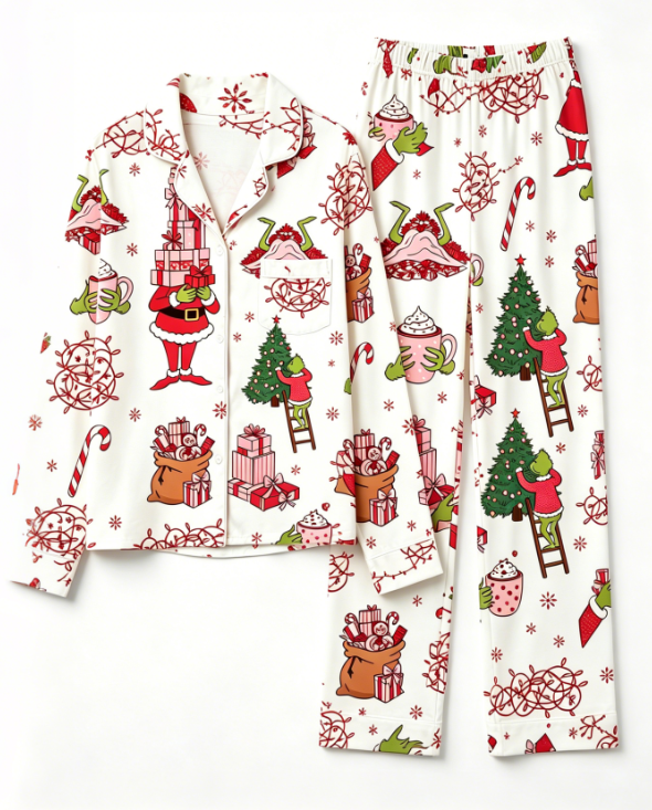 Whimsical Holiday Character & Seasonal Decor Matching Family Pajama Set, Button-Down Cotton Loungewear