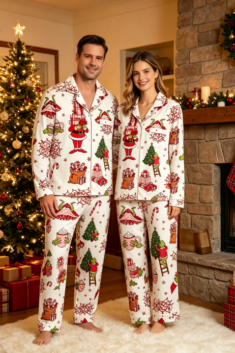 Whimsical Holiday Character & Seasonal Decor Matching Family Pajama Set, Button-Down Cotton Loungewear