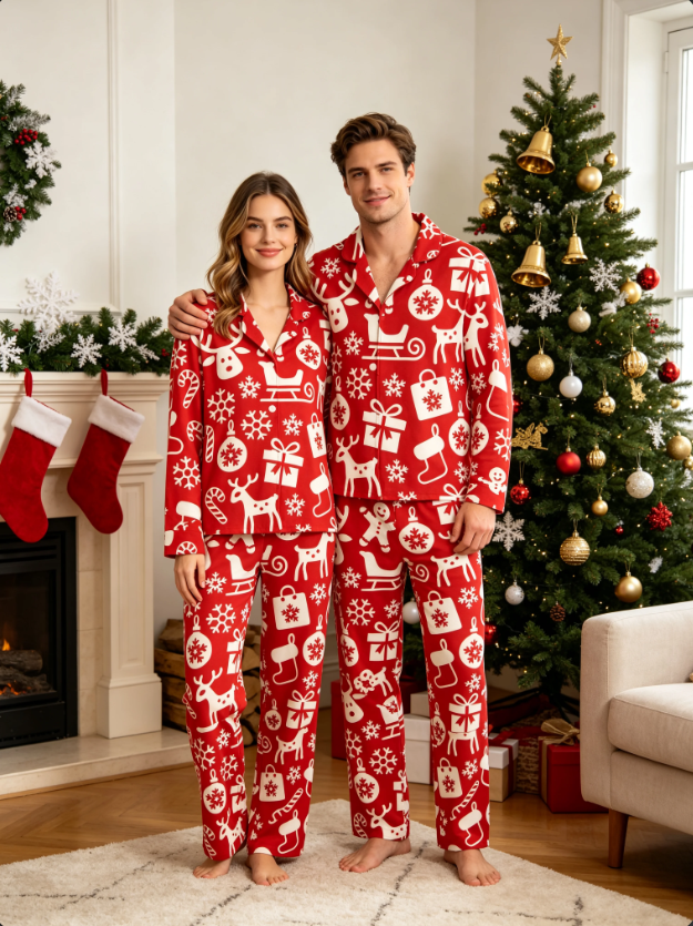 Holiday Reindeer & Festive Icon Print Matching Family Pajama Set, Button-Down Cotton Loungewear