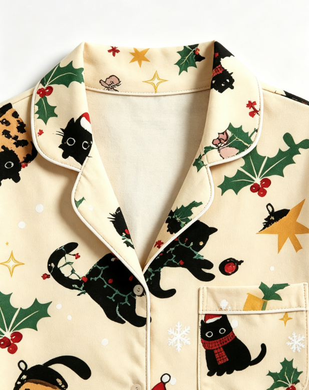 Christmas Black Cat & Festive Bow Print Matching Family Pajama Set, Button-Down Cotton Loungewear