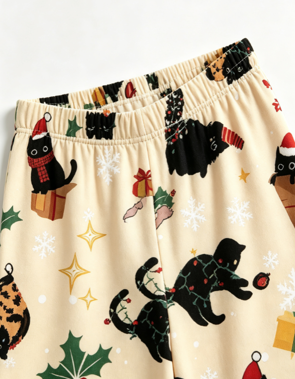 Christmas Black Cat & Festive Bow Print Matching Family Pajama Set, Button-Down Cotton Loungewear