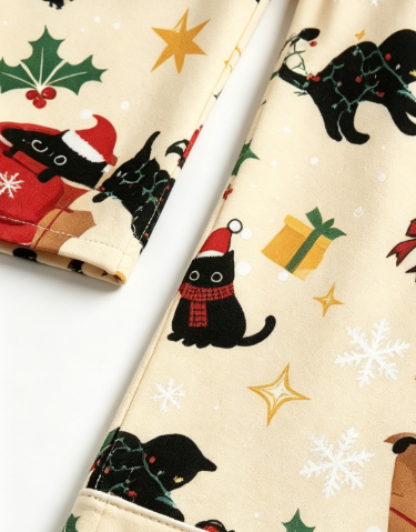 Christmas Black Cat & Festive Bow Print Matching Family Pajama Set, Button-Down Cotton Loungewear